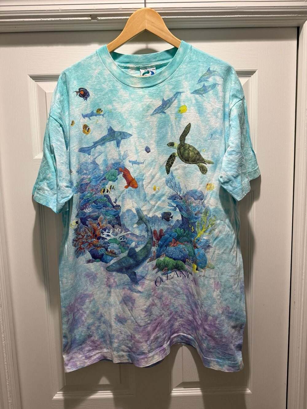 Vintage Oceanica 1993 Liquid Blue Under Water Habitat AOP Single Stitch USA L